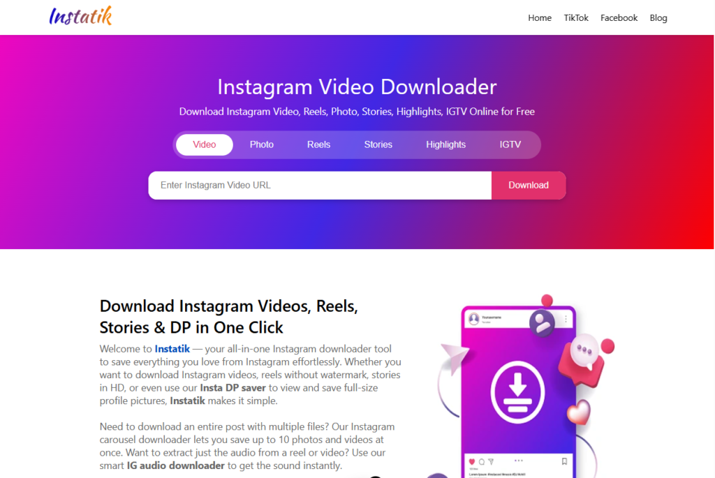 detailed visual guide showing how to use instatik to download instagram reels (no watermark)